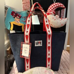 Brighton Blue SUEDE Large leather Love Tote with Red Hearts Tags like new rare